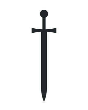 Sword vector illustration icon. Military or heraldry symbol. Protection and security sign. Medieval or knight weapon. Fantasy longsword logo. Clip-art silhouette.