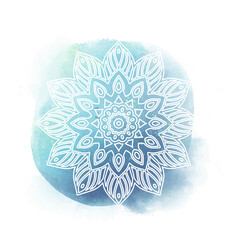 Round white mandala isolated on colorful background. Mandala on top of watercolor blotch. Beautiful pattern.