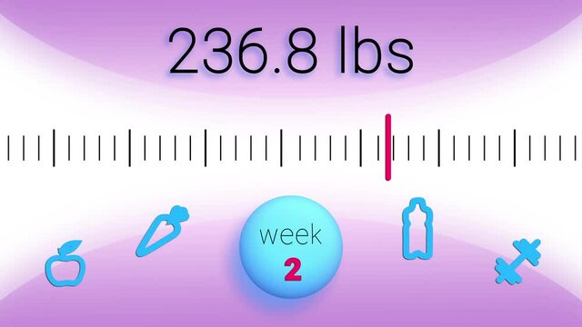 Weight loss concept 2D animation. Animated pound countdown week by week on the scale. Healthy lifestyle. Fruits, veggies, water bottle and dumbbell icons. UHD 4k video