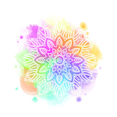 Round white mandala isolated on colorful background. Mandala on top of watercolor blotch. Beautiful pattern.