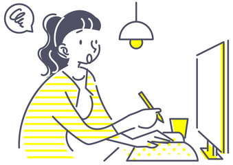 ノートパソコンで作業をする女性　テレワーク
オンラインコミュニケーション