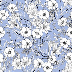 Floral print for the fabric. Seamless vector pattern with white colors and blue background.