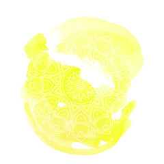 Round white mandala isolated on colorful background. Mandala on top of watercolor blotch. Beautiful pattern.