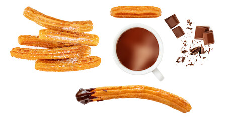 Churro  isolated on a white background, top view. Flat lay. Creative layout made of Churros   fried pastry, cup of dark chocolate