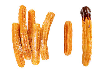 Churro isolated on white background. Traditional spanish food. Various Churros Top view. Flat lay.