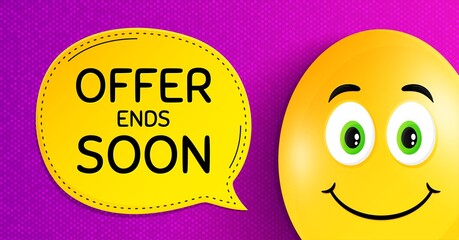 Offer ends soon. Easter egg with smile face. Special offer price sign. Advertising discounts symbol. Easter smile character. Offer ends soon speech bubble. Yellow egg background. Vector