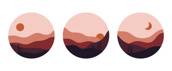 Abstract landscapes set. Boho contemporary art, modern nature shapes for social media highlight covers with desert sun moon mountains. Vector minimalistic illustration © Екатерина Заносиенко