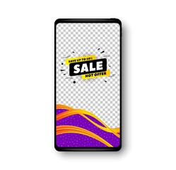 Sale 50% off banner. Phone mockup vector banner. Discount sticker shape. Coupon tag icon. Social story post template. Sale 50% badge. Cell phone frame. Liquid modern background. Vector