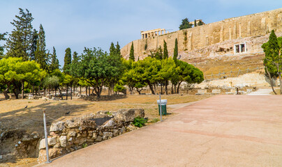 The Acropolis park in Athens, Greece with the Parthenon on the hill