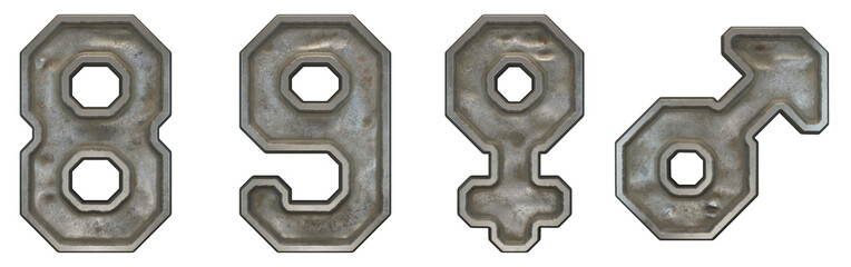 Set of numbers 8, 9 and symbols female, male made of industrial metal on white background 3d rendering