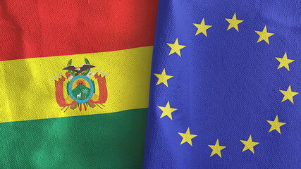 European Union and Bolivia two flags textile cloth 3D rendering