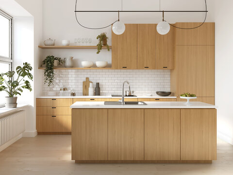 3d rendering of a wooden scandinavian kitchen with white bricks, an island and many plants
