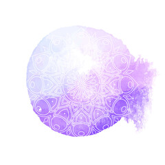 Round white mandala isolated on colorful background. Mandala on top of watercolor blotch. Beautiful pattern.