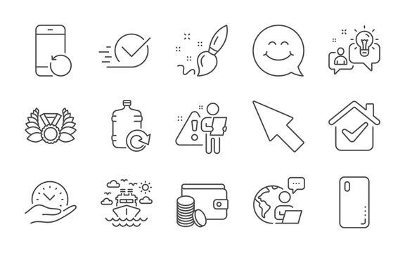 Smile face, Ship travel and Paint brush line icons set. Checkbox, Idea and Payment method signs. Recovery phone, Laureate medal and Mouse cursor symbols. Line icons set. Vector