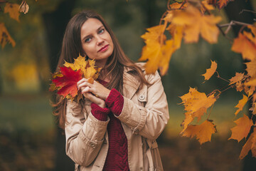Portrait of young beautiful girl is wearing knitted dress and beige coat in the autumn park.