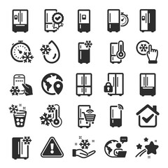 Fridge icons. Refrigerator, freezer storage, smart fridge machine. Water with ice, cooler box, thermometer icons. Wi-fi remote access, thermostat timer, smart freezer. Flat icon set. Vector