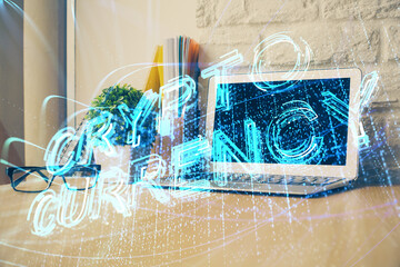 Double exposure of blockchain theme hologram and table with computer background. Concept of bitcoin...