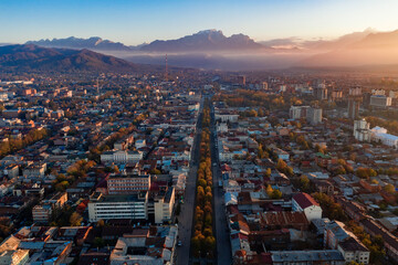 Mira street in Vladikavkaz city at sunset, shooted by drone