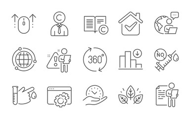 Fototapeta na wymiar Globe, Job interview and Coronavirus vaccine line icons set. Decreasing graph, Organic tested and 360 degrees signs. Seo gear, Copyrighter and Swipe up symbols. Line icons set. Vector
