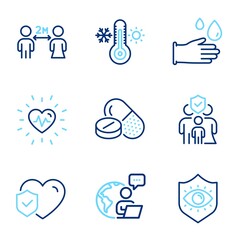 Healthcare icons set. Included icon as Rubber gloves, Medical drugs, Thermometer signs. Heartbeat, Life insurance, Family insurance symbols. Social distancing, Eye protection line icons. Vector