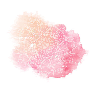 Round white mandala isolated on colorful background. Mandala on top of watercolor blotch. Beautiful pattern.