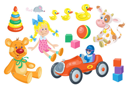 Kids toys. Cute doll, funny teddy bear, wooden baby bull, red car, rubber ducks, ball, cubes, pyramid and little mouse. In  cartoon style. Isolated on white background. Vector flat illustration. 