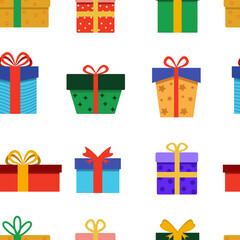 Collection of colorful Christmas present boxes. Holiday seamless pattern.
