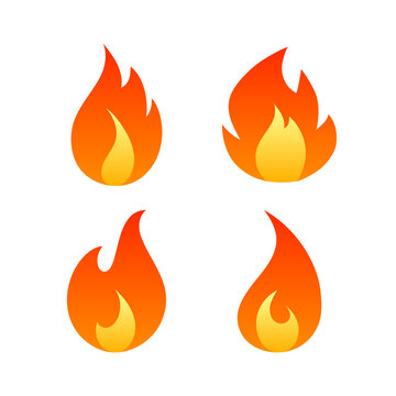 Flat fire flames set isolated on white background. Collection of hot cartoon light effect red and orange elements for web, game, design, app, infographics. Vector illustration