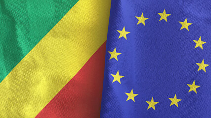 European Union and Congo two flags textile cloth 3D rendering