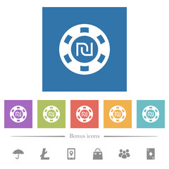 New Shekel casino chip flat white icons in square backgrounds