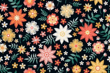 Embroidery seamless pattern with colorful flowers in folk style. Print for fabric and textile. Embroidered fashion design.