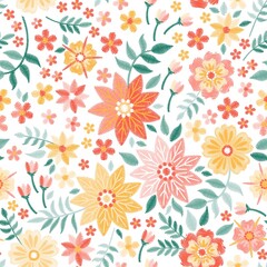 Fototapeta na wymiar Embroidery seamless pattern with flowers and leaves in folk style. Print for fabric and textile. Embroidered fashion design.