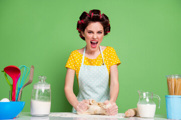 Portrait of her she nice attractive glamorous angry fury mad irritated housewife cooking kneading...