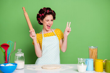 Portrait of her she nice attractive pretty cheerful cheery funky housewife cooking delicious cake...
