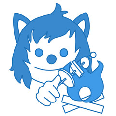 happy smiling wolf toasting marshmallows on a bonfire, smiling emotion roasting some food on a stick, funny cartoon character with simplistic facial expression, simple hand drawn emoticon