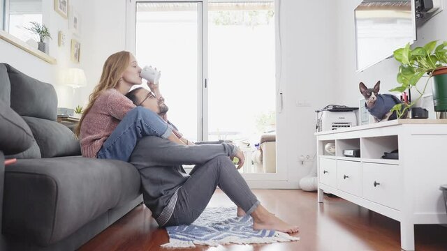 Happy young couple relaxing talking holding cups of tea on the couch together in the living room. Their sphinx cat accompanies them.