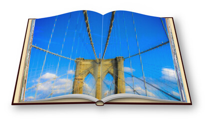 Brooklyn Bridge detail - New York City (USA) - 3D render concept image of an opened photo book with pixelation effect - I'm the copyright owner of the images used in this 3D render