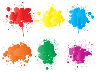 Vector collection of artistic grungy paint drop, hand made creative splash or splatter stroke set isolated white background. Abstract grunge dirty stains group, education or graphic art decoration