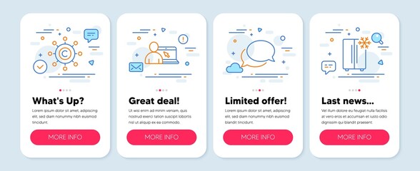 Set of line icons, such as Messenger, Online education, Copywriting network symbols. Mobile screen app banners. Refrigerator line icons. Speech bubble, Internet lectures, Content networking. Vector