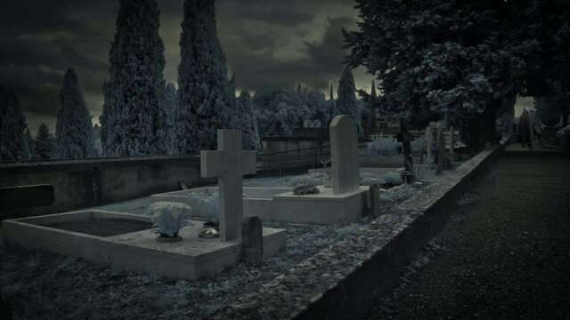 Mysterious presences in a graveyard on a stormy night, overwhelming atmosphere.
