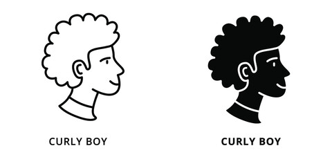 Curly Boy Head Avatar Icon Line And Glyph Style. Male Profile Photo Silhouette Symbol Illustration. Employee Member Person Avatars Logo Vector. Young Men People Character User Profile