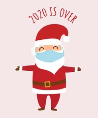 Joyful Santa Claus with a medical mask on his face smiles. Hands to the side. Red suit, grey hair and eyebrows. 2020 is over. cartoon vector illustration.