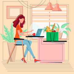 girl works at the laptop at home. Kitchen interior. Home food orders concept. Vector illustration