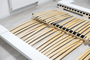 wooden lamella beds close up