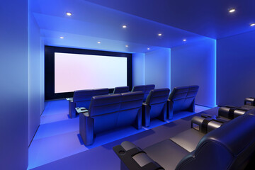 3d home cinema room with blue lights and black leather armchairs with movie screen	
