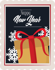 happy new year 2021, gift box snowflakes decoration, postage stamp icon