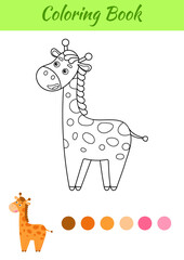 Naklejka premium Coloring page happy giraffe. Coloring book for kids. Educational activity for preschool years kids and toddlers with cute animal. Flat cartoon colorful vector illustration.