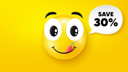 Save 30% off. Yummy smile face with speech bubble. Sale Discount offer price sign. Special offer symbol. Yummy smile character. Discount speech bubble icon. Yellow face background. Vector