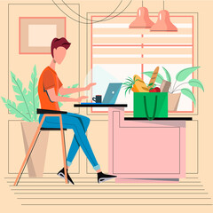 Men works at the laptop at home. Kitchen interior. Home food orders concept. Vector illustration