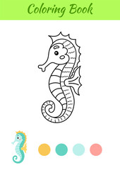Coloring page happy sea horse. Coloring book for kids. Educational activity for preschool years kids and toddlers with cute animal. Flat cartoon colorful vector illustration.
